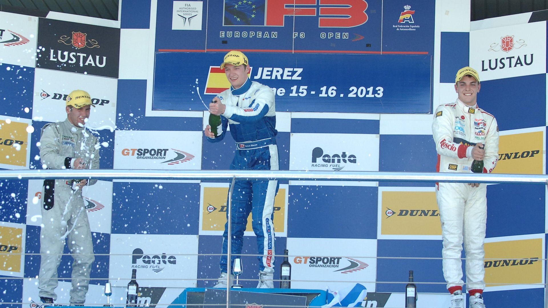Nelson Mason celebrating a European Formula 3 win at Jerez